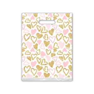 9x12 Pink and Gold Hearts Designer Poly Plastic Merchandise Bags Premium Printed Bags