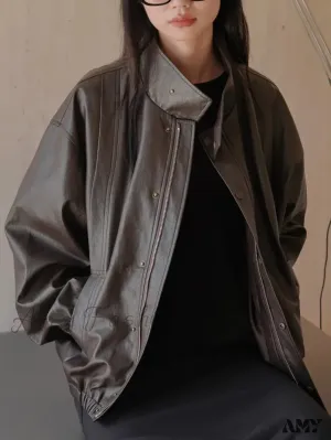 Artificial Leather Streetwear PU Stand Collar Korean Style Loose Motorcycle Outdoor Jacket