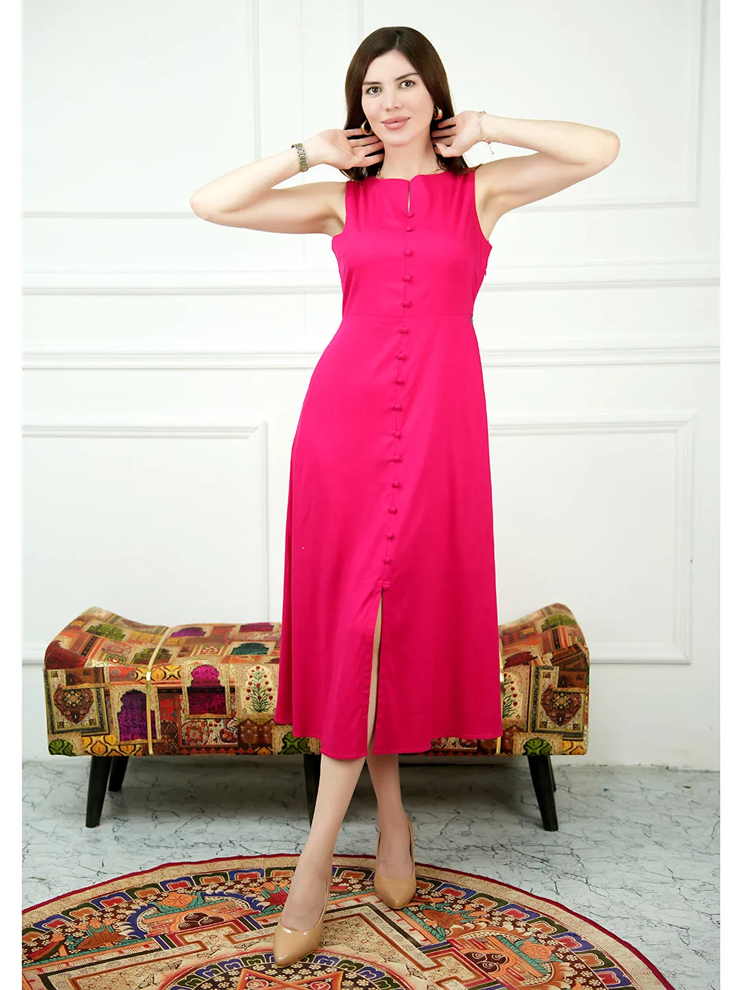 Barbie Pink Rayon Glowing Front Button Dress