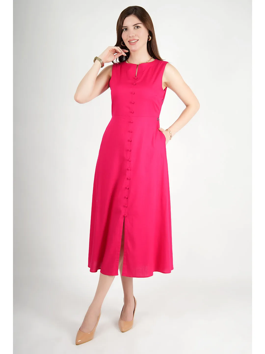 Barbie Pink Rayon Glowing Front Button Dress