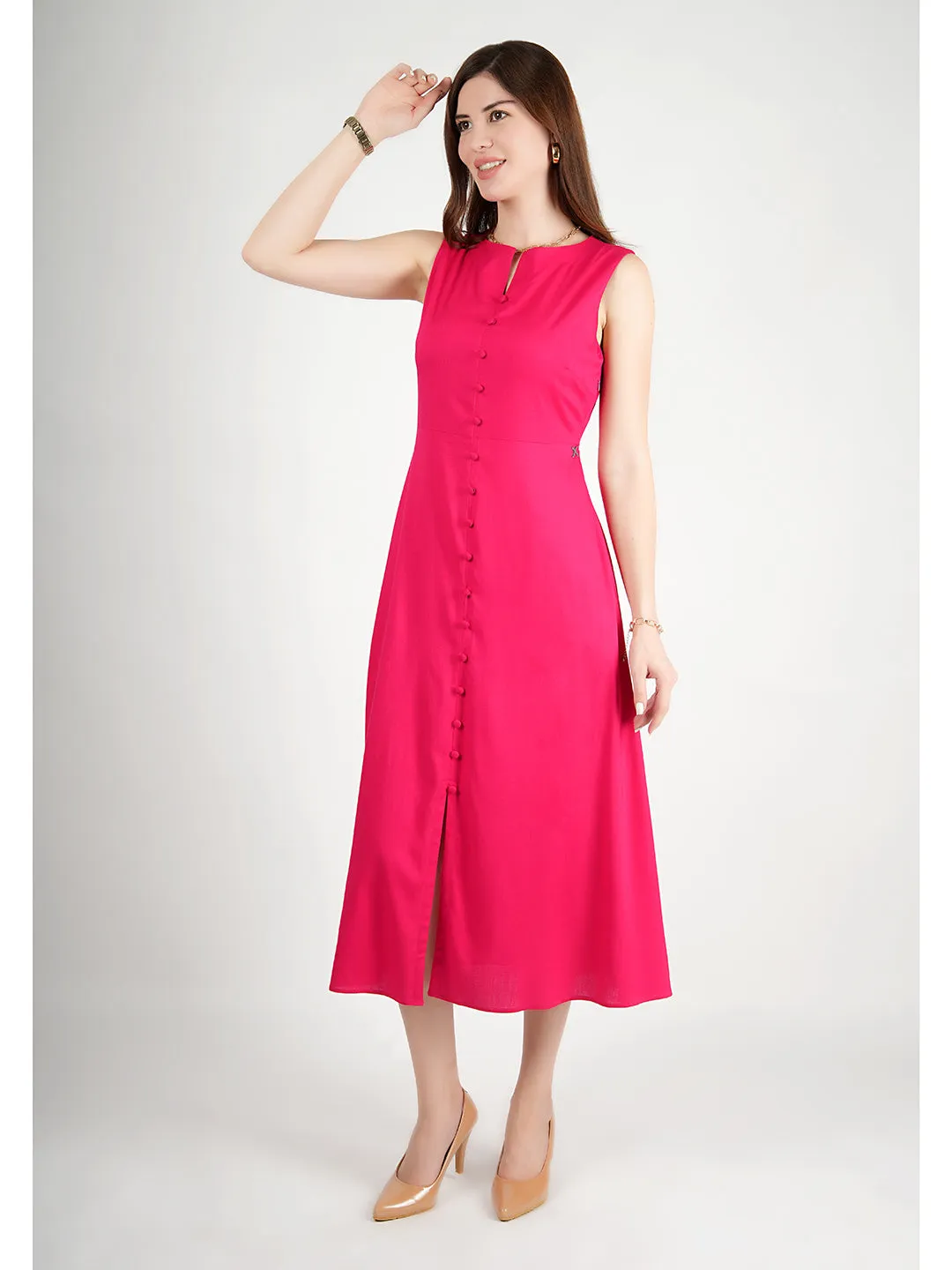 Barbie Pink Rayon Glowing Front Button Dress