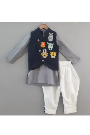 Cartoon faces embroidered nehru jacket and kurta with jodhpuri pants