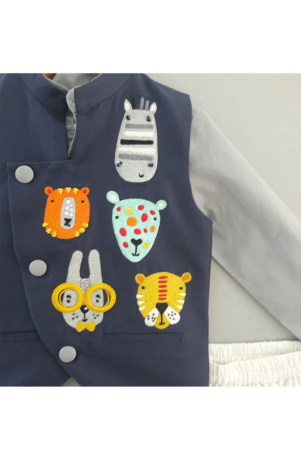 Cartoon faces embroidered nehru jacket and kurta with jodhpuri pants