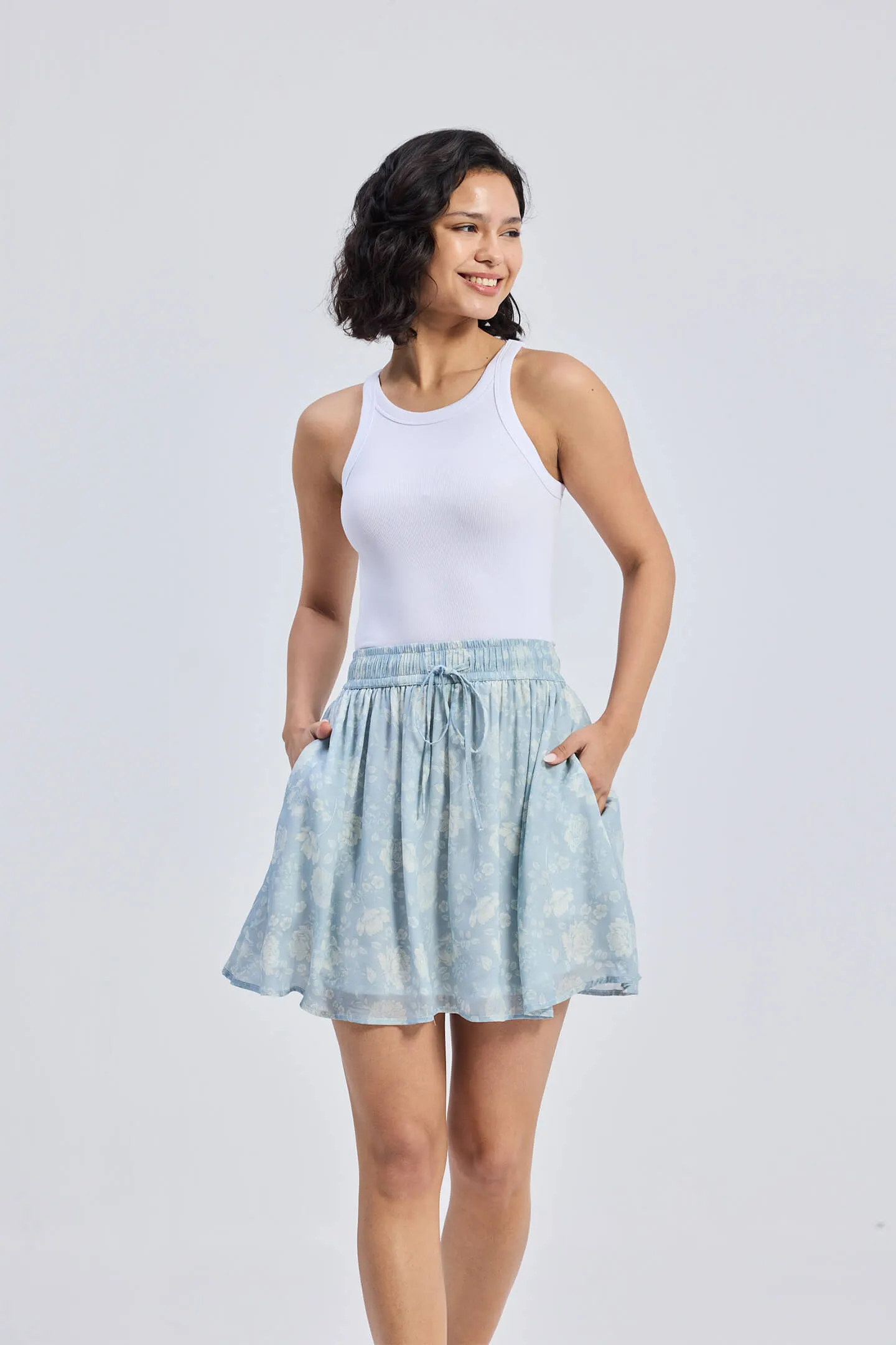 Drawstring Short Skirt in Blue Florals