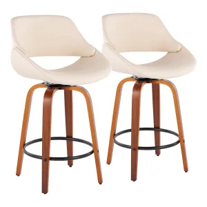Fabrico Mid-Century Modern Fixed-Height Counter Stool in Walnut Wood with Round Black Footrest and Cream Faux Leather by LumiSource - Set of 2