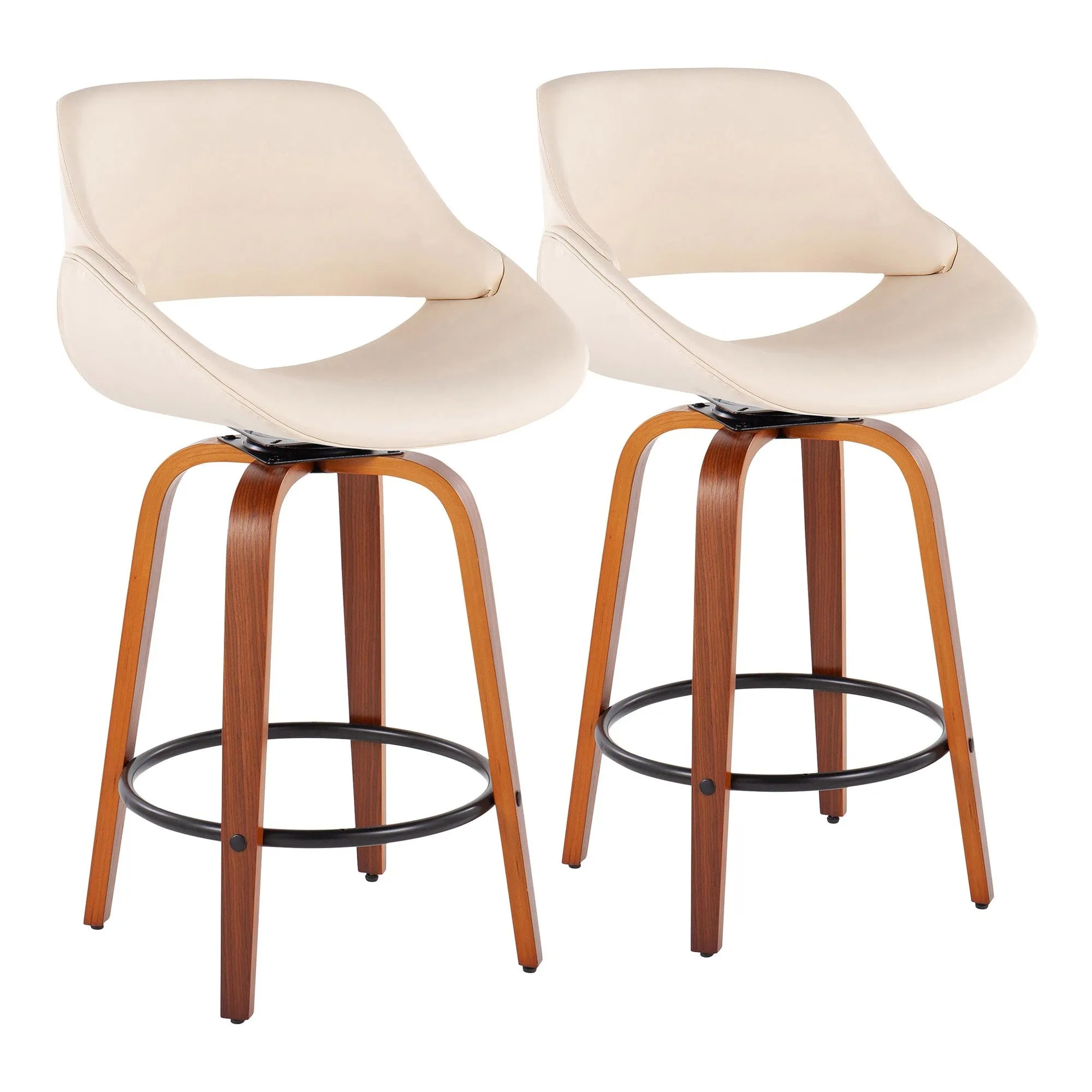 Fabrico Mid-Century Modern Fixed-Height Counter Stool in Walnut Wood with Round Black Footrest and Cream Faux Leather by LumiSource - Set of 2