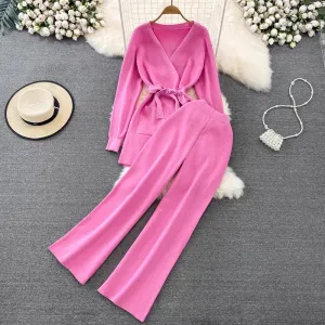 Fashion set V-neck knitted top two-piece set pants    S4195