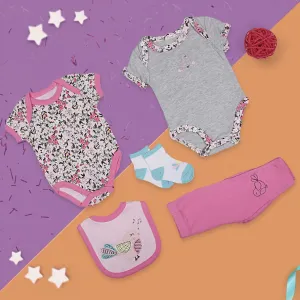 Gift Set Set Of 5 Bib Body Suits Pant And Socks Floral Pink