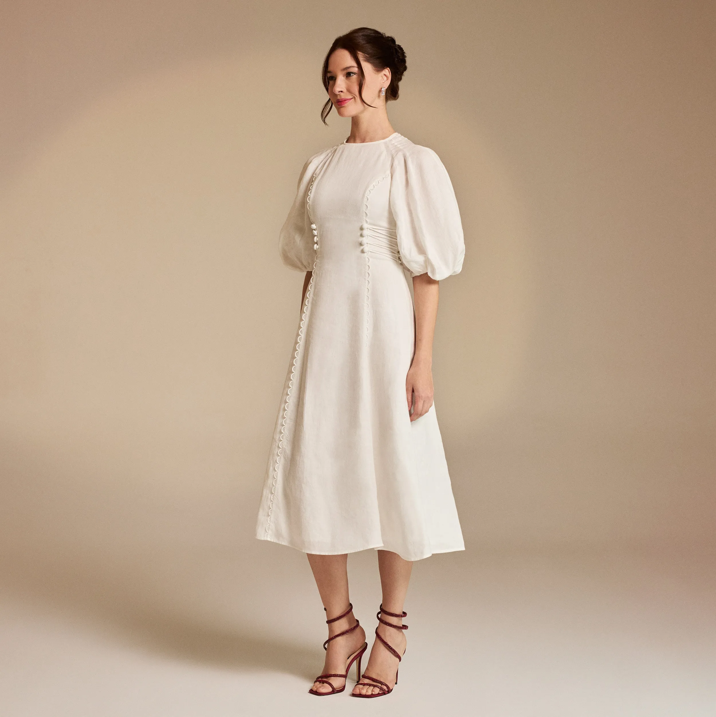 Off White Crew Neck Balloon Sleeve Midi Dress