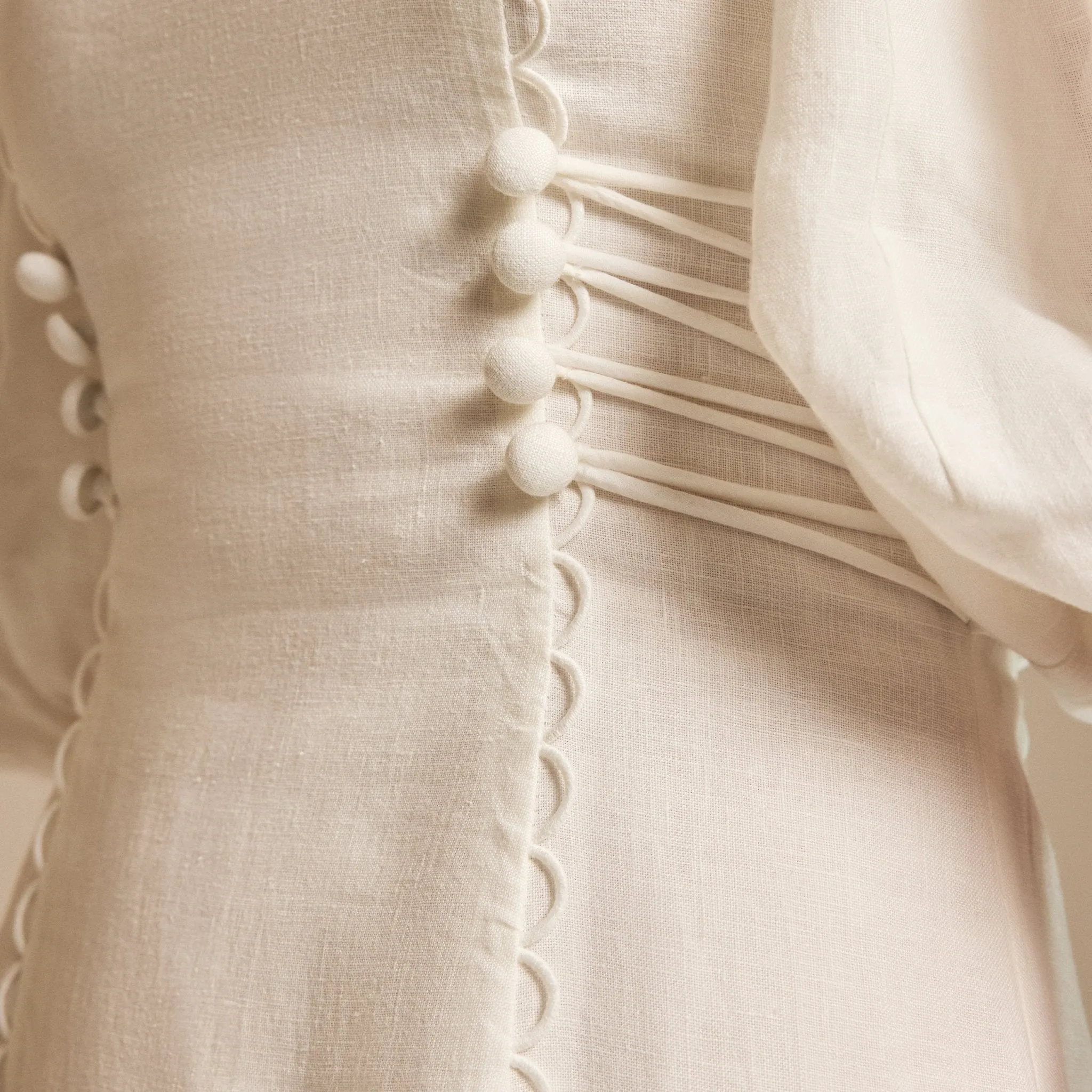 Off White Crew Neck Balloon Sleeve Midi Dress