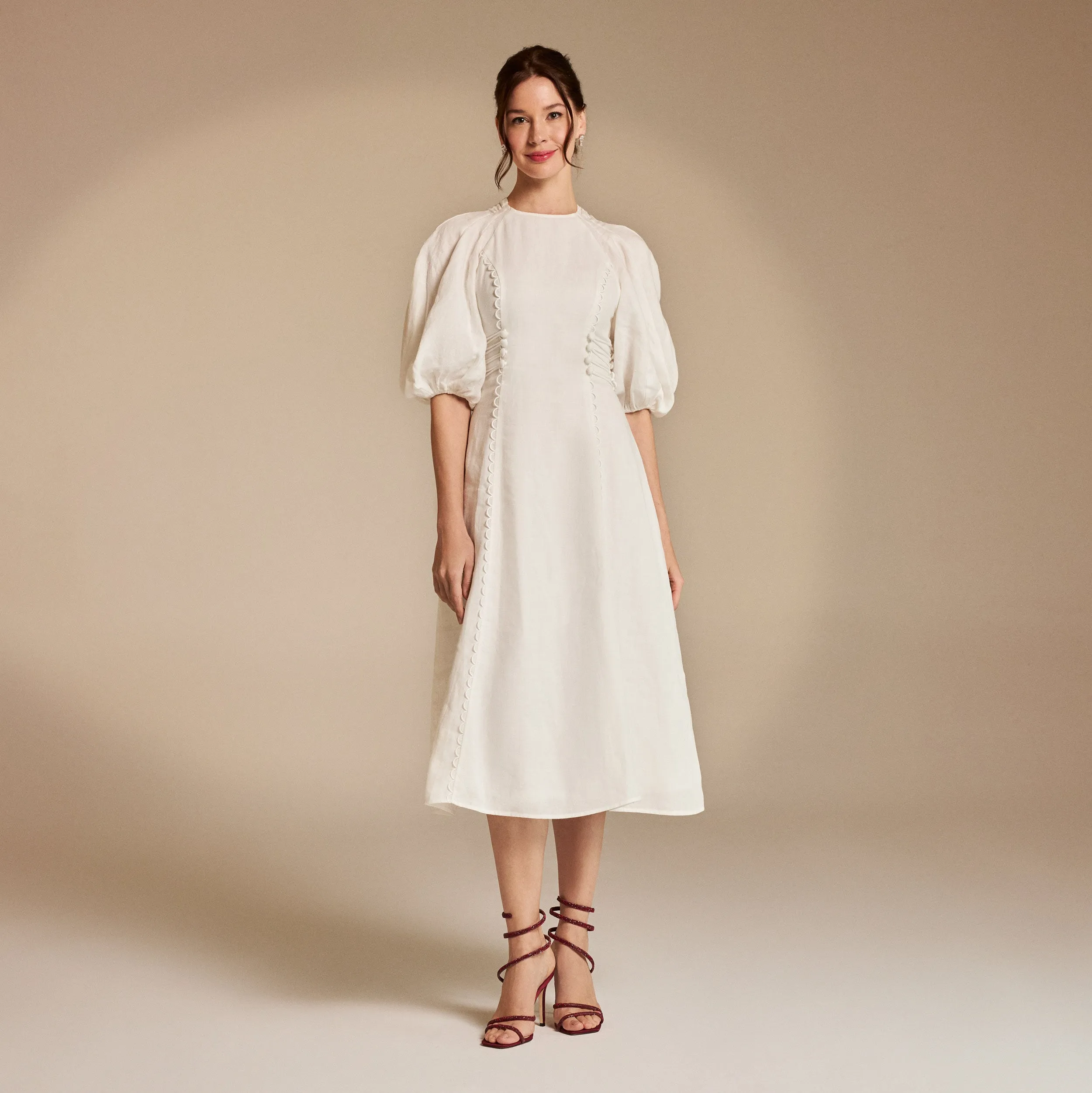 Off White Crew Neck Balloon Sleeve Midi Dress