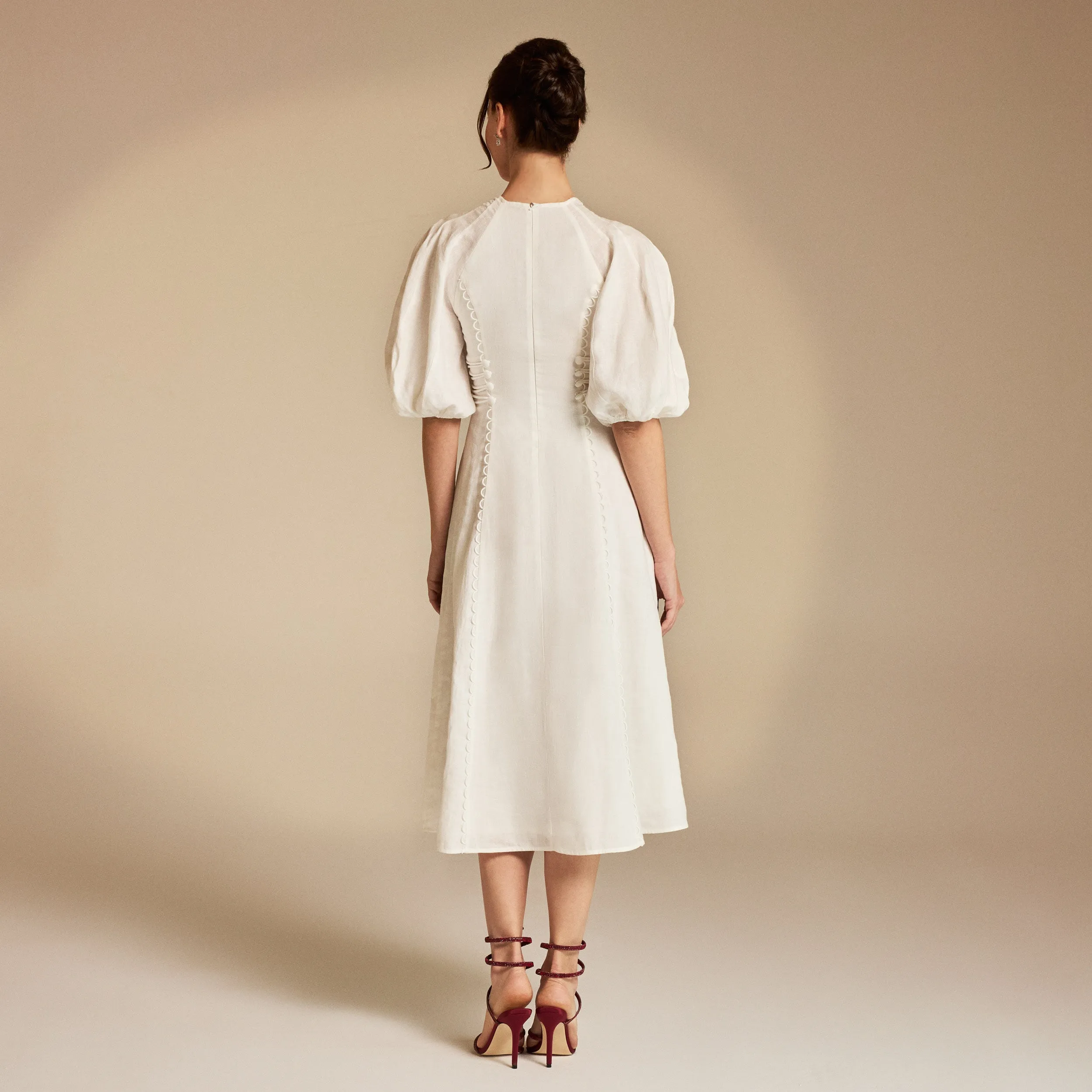 Off White Crew Neck Balloon Sleeve Midi Dress