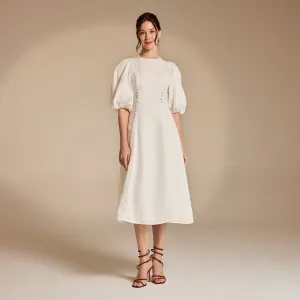 Off White Crew Neck Balloon Sleeve Midi Dress