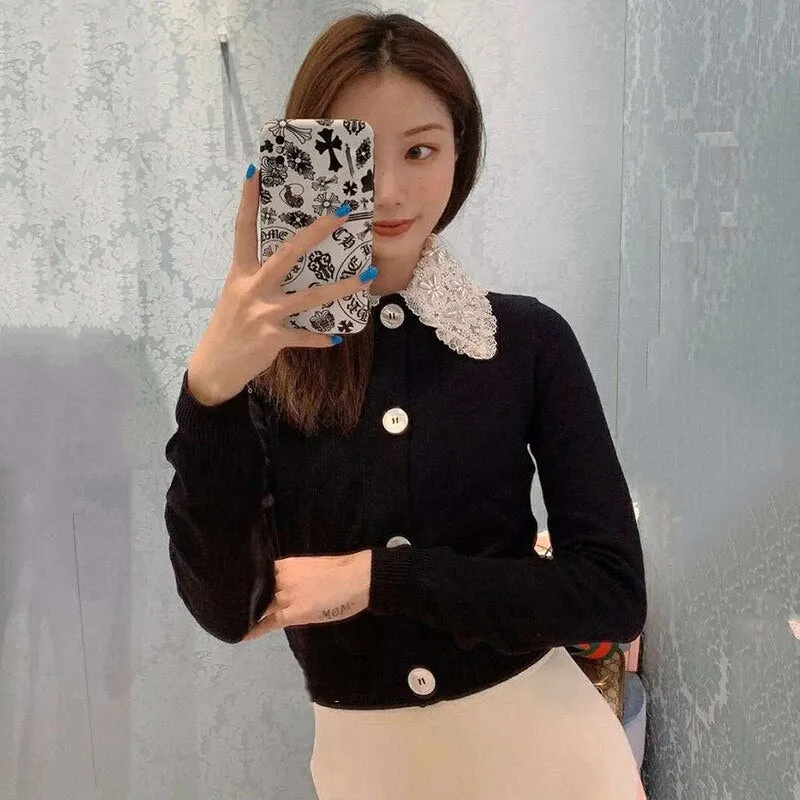 Pearls Beading Collar Knit Top Women 2022 Autumn Elegant Long Sleeve Knitted Sweaters Cardigan Mujer Korean Fashion Streetwear