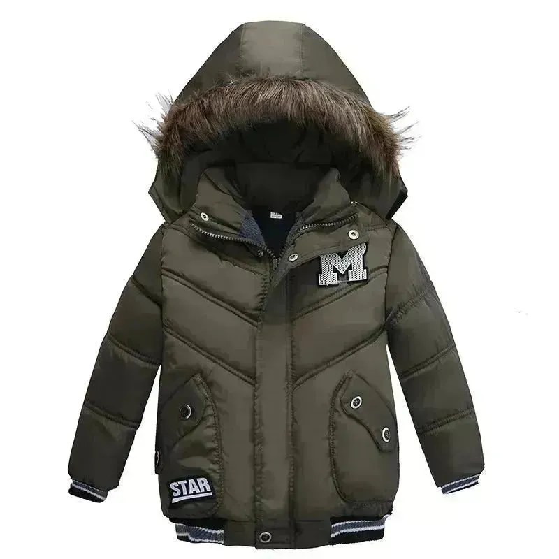 Small Medium-Sized Boys Cotton-Padded Fur Hoodie Winter Jackets for kids