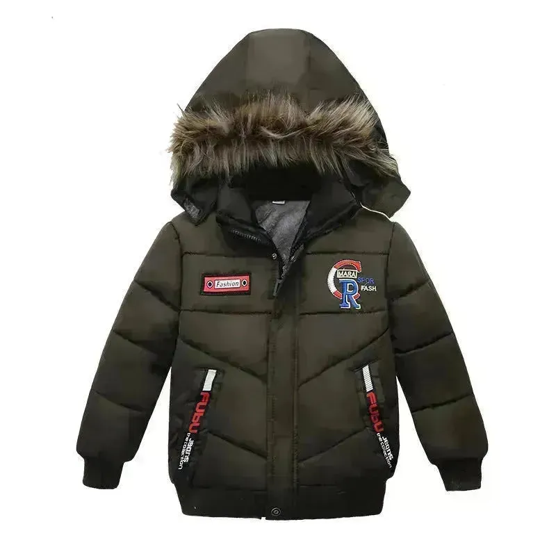 Small Medium-Sized Boys Cotton-Padded Fur Hoodie Winter Jackets for kids