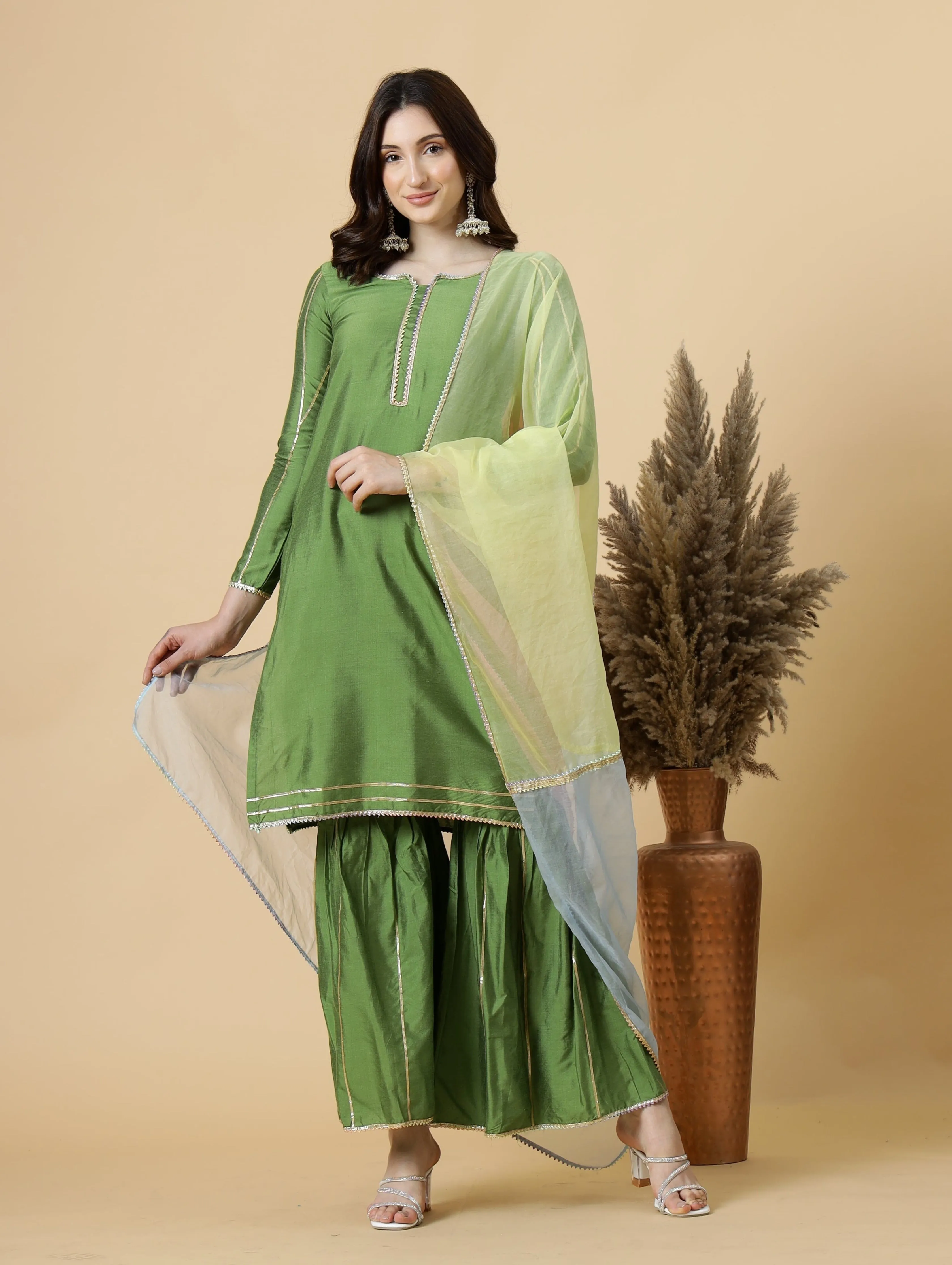 Stylish Green Kurti-Sharara Set paired with Multicolor Organza dupatta