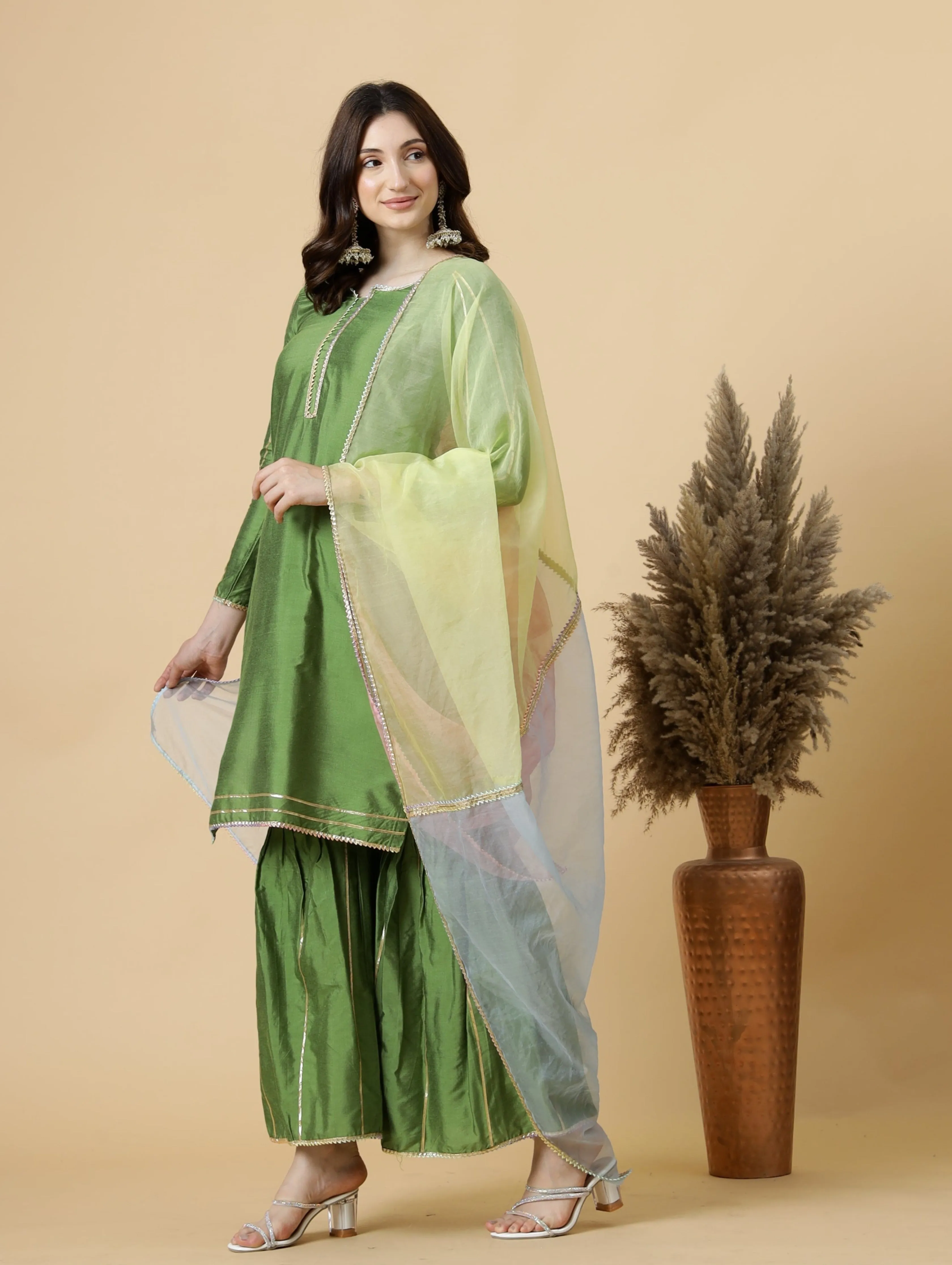 Stylish Green Kurti-Sharara Set paired with Multicolor Organza dupatta