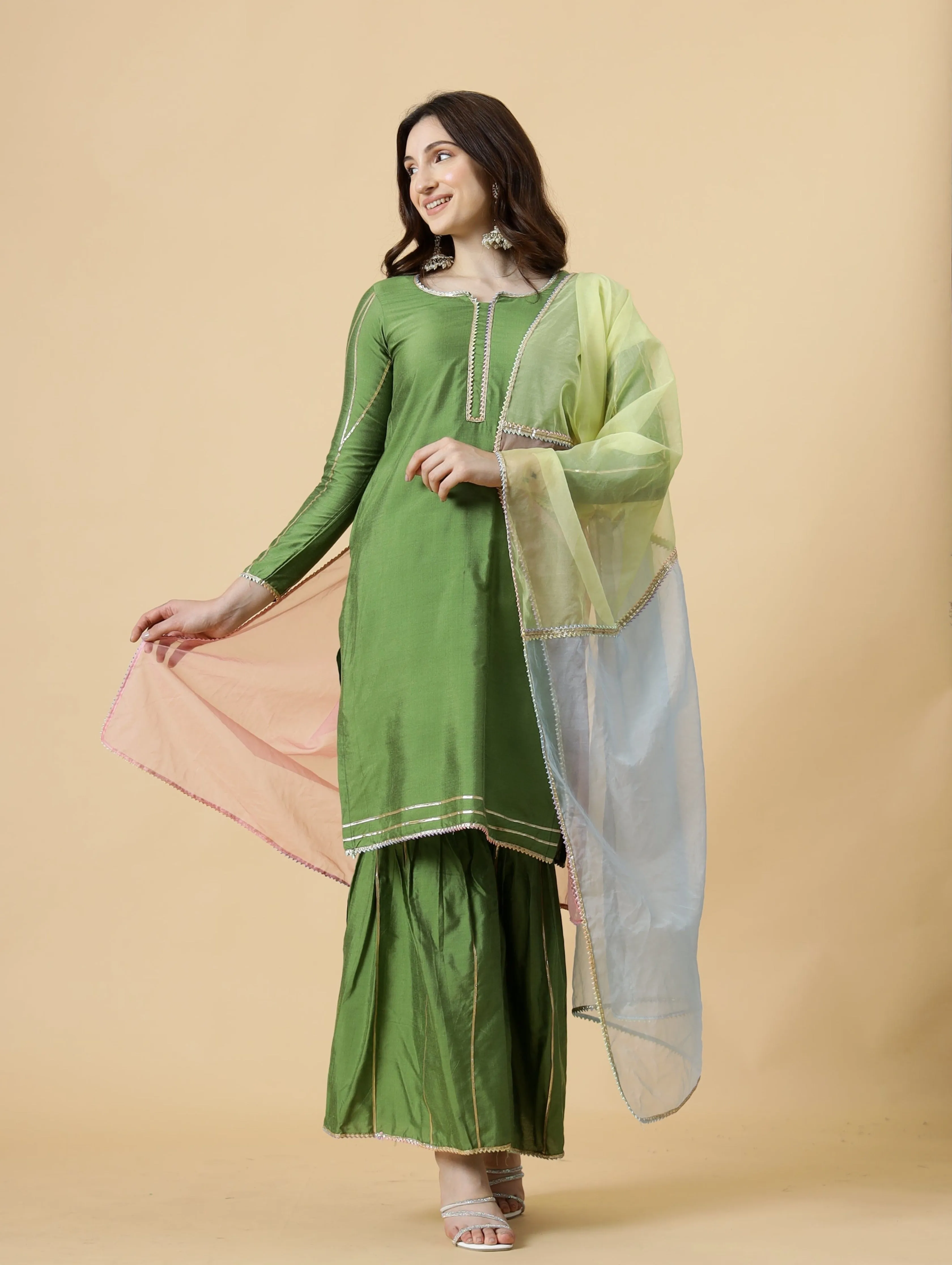 Stylish Green Kurti-Sharara Set paired with Multicolor Organza dupatta