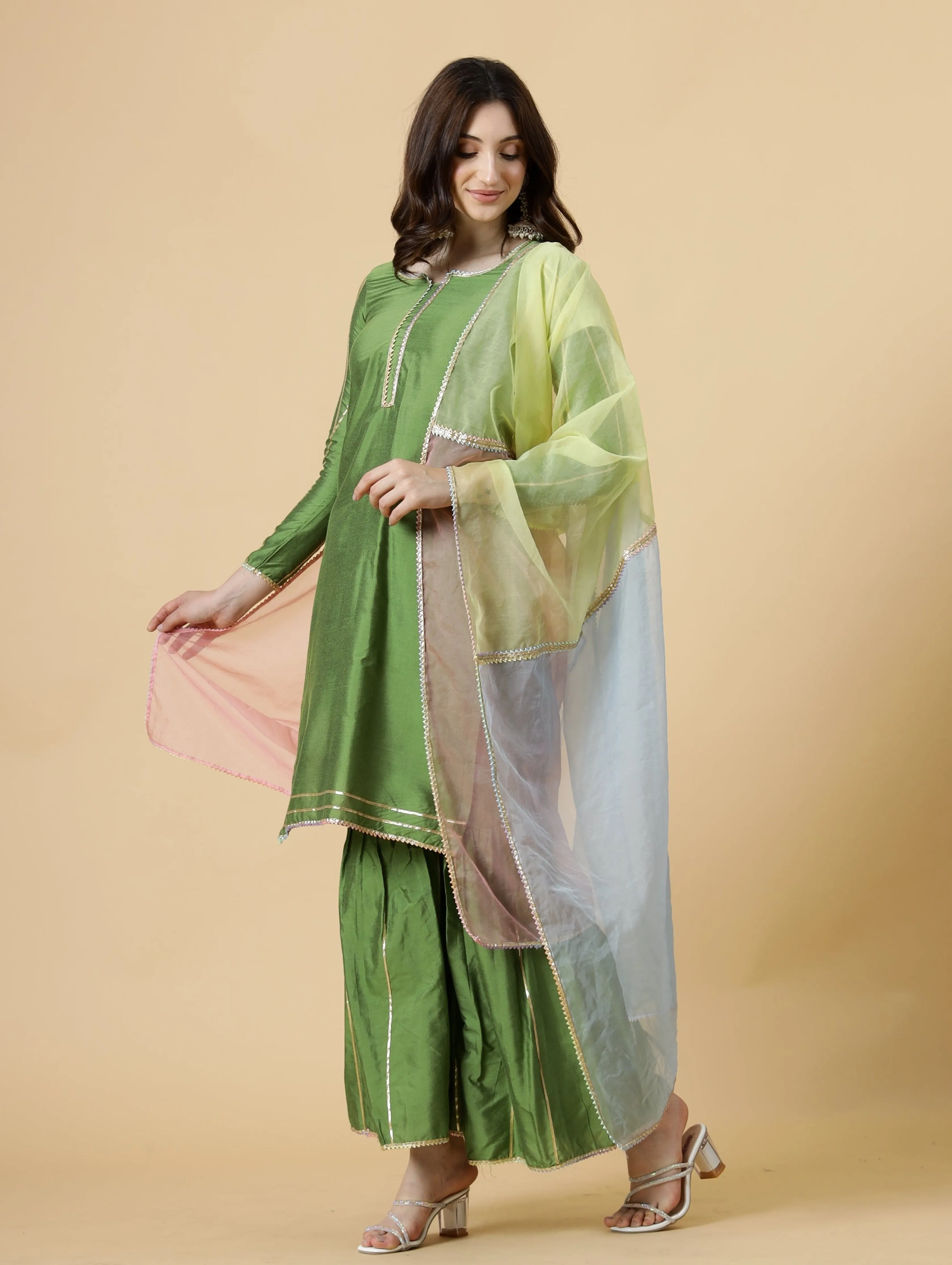 Stylish Green Kurti-Sharara Set paired with Multicolor Organza dupatta
