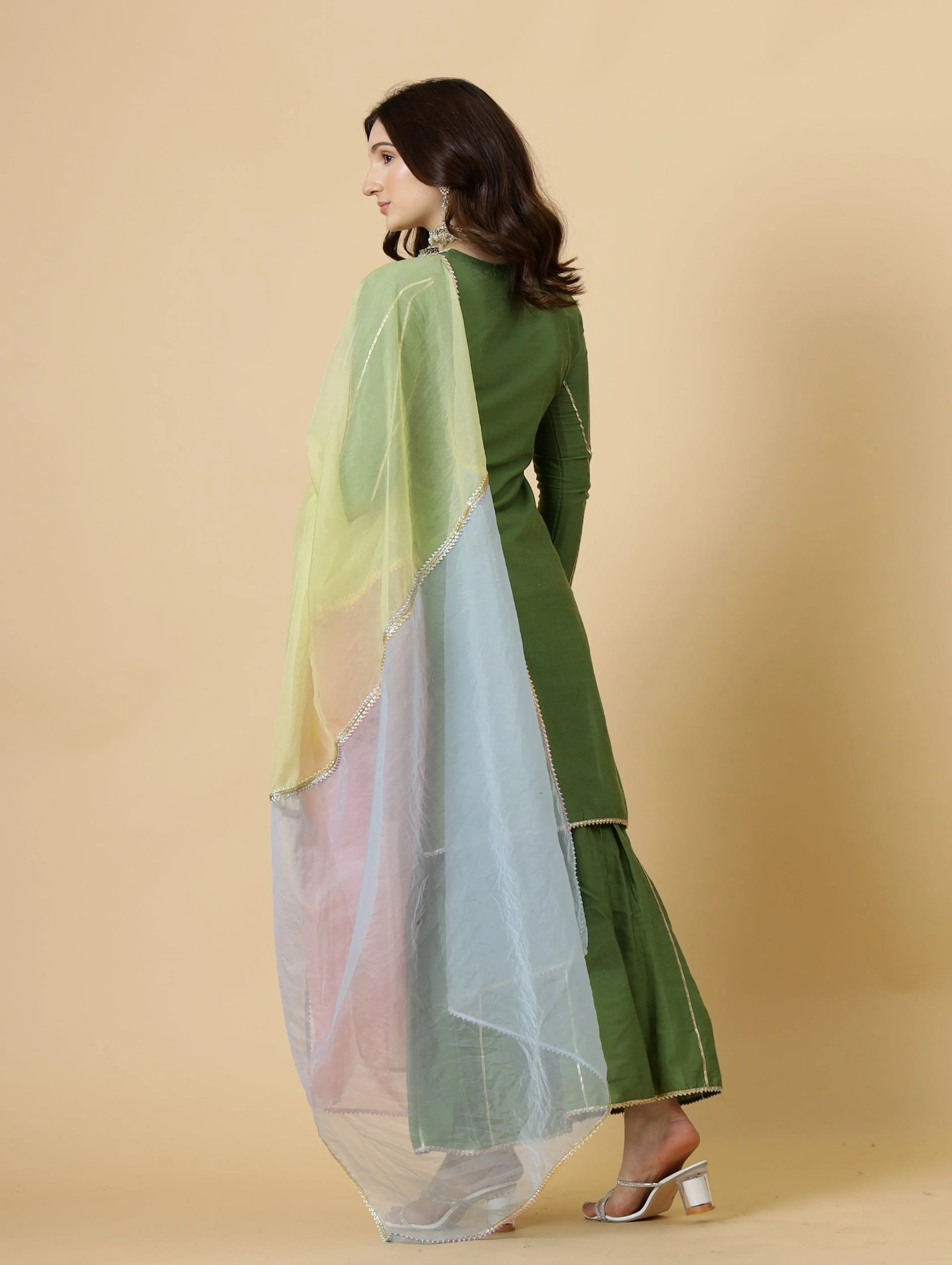 Stylish Green Kurti-Sharara Set paired with Multicolor Organza dupatta
