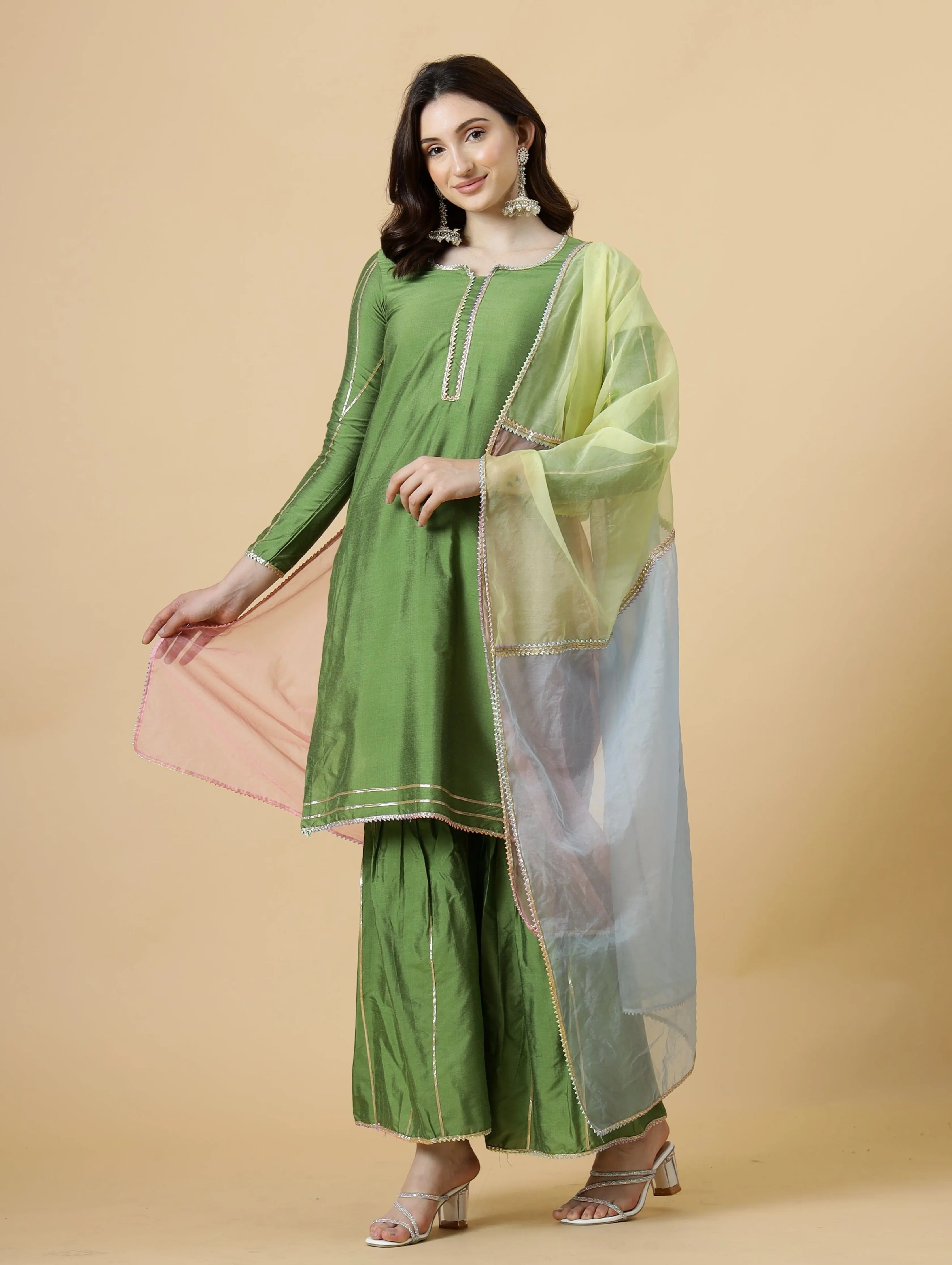 Stylish Green Kurti-Sharara Set paired with Multicolor Organza dupatta
