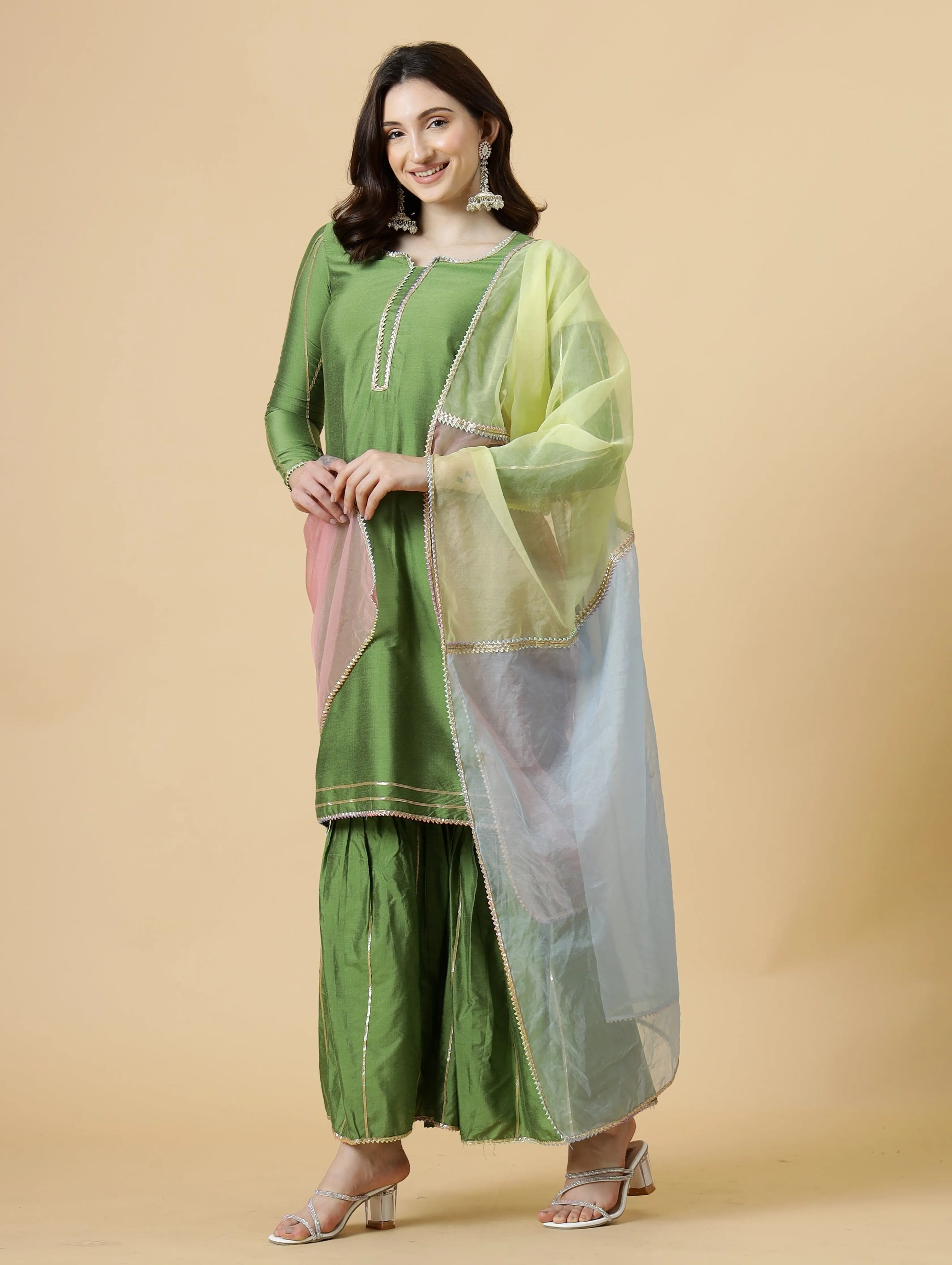 Stylish Green Kurti-Sharara Set paired with Multicolor Organza dupatta