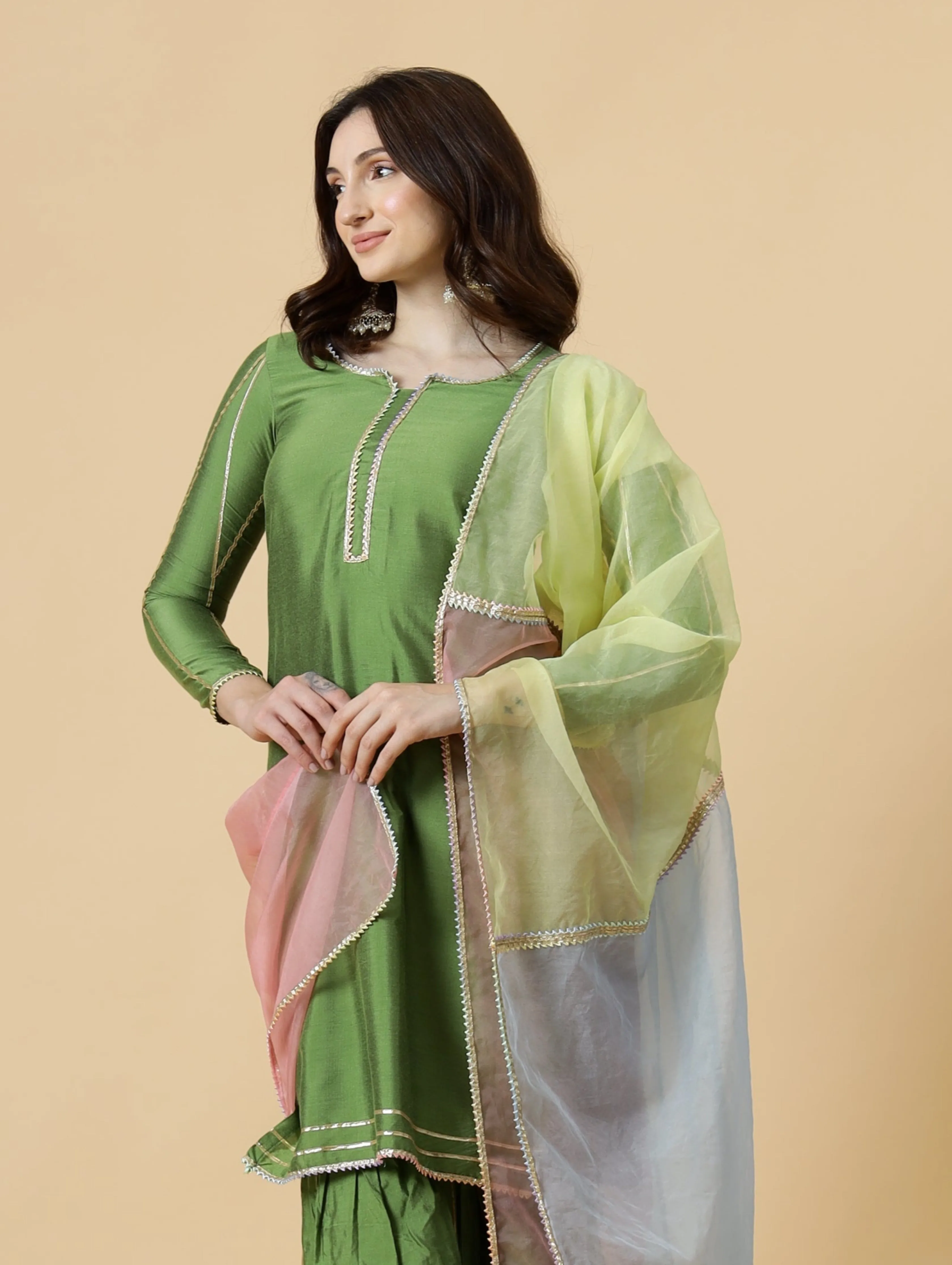 Stylish Green Kurti-Sharara Set paired with Multicolor Organza dupatta