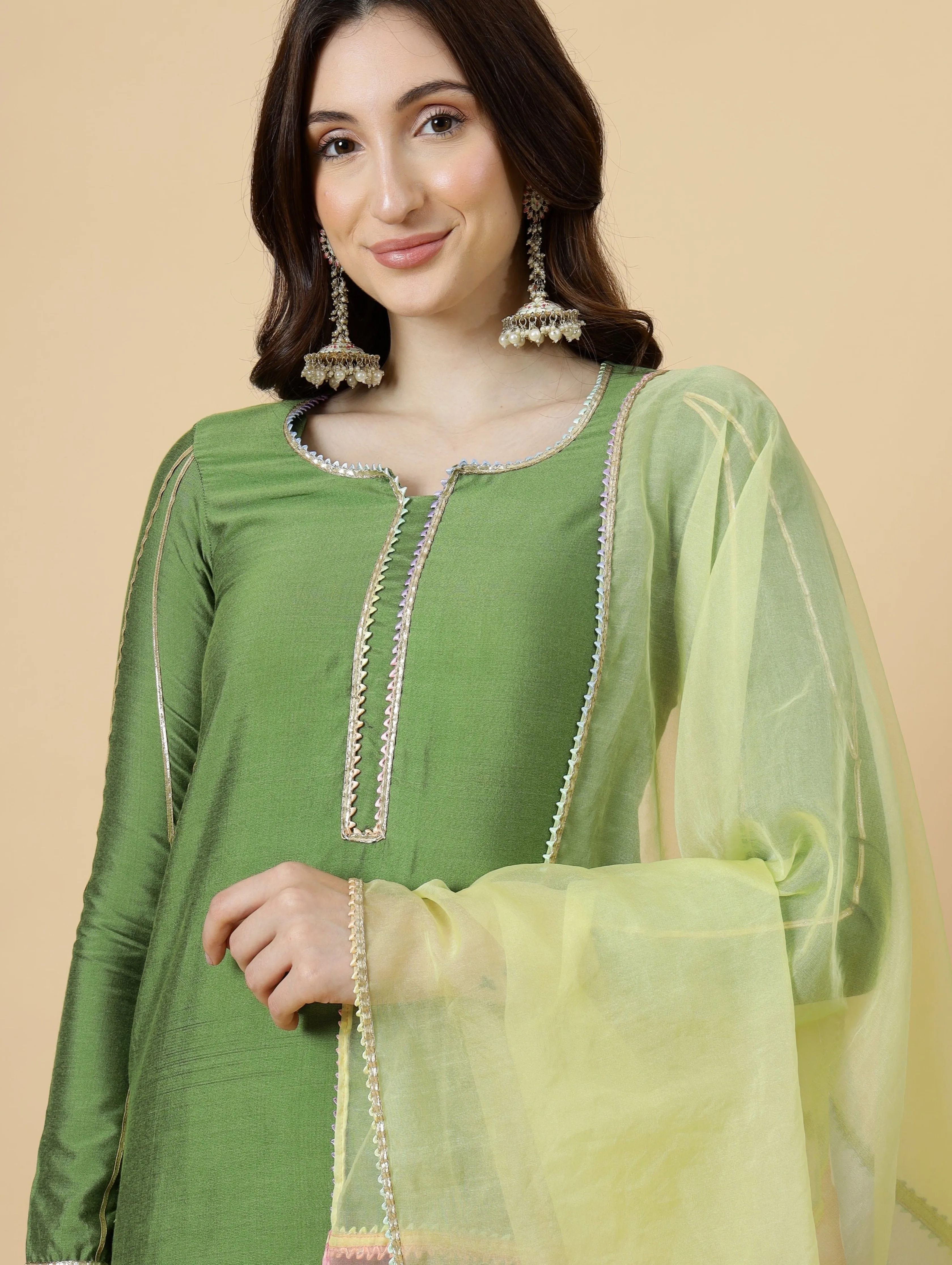 Stylish Green Kurti-Sharara Set paired with Multicolor Organza dupatta