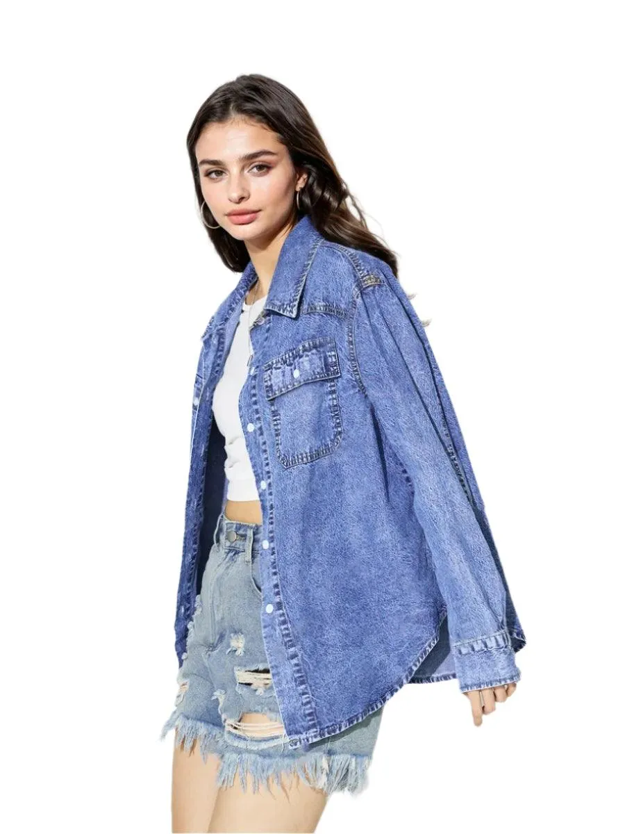 Vintage Oversize Button-Up Denim Shirt  – Casual Long Sleeve Jean Blouse