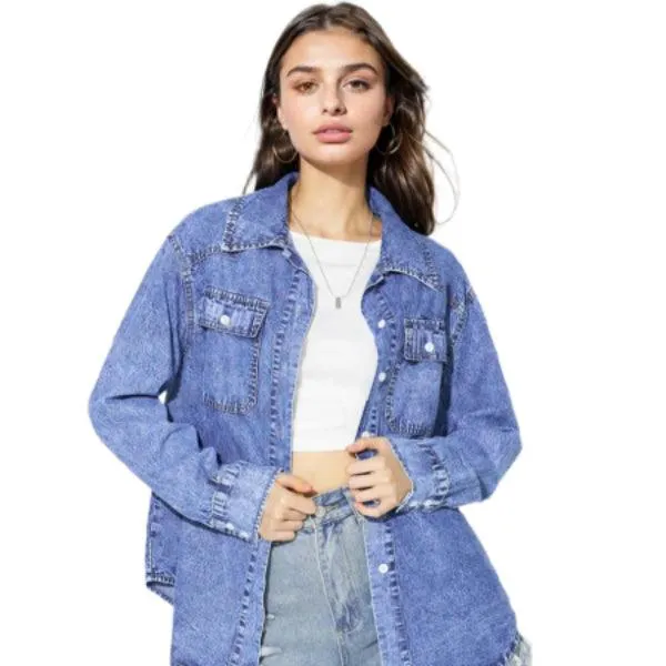 Vintage Oversize Button-Up Denim Shirt  – Casual Long Sleeve Jean Blouse