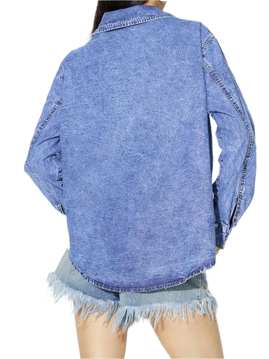 Vintage Oversize Button-Up Denim Shirt  – Casual Long Sleeve Jean Blouse