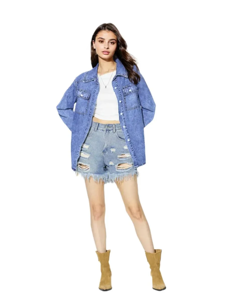 Vintage Oversize Button-Up Denim Shirt  – Casual Long Sleeve Jean Blouse