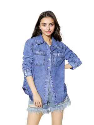 Vintage Oversize Button-Up Denim Shirt  – Casual Long Sleeve Jean Blouse